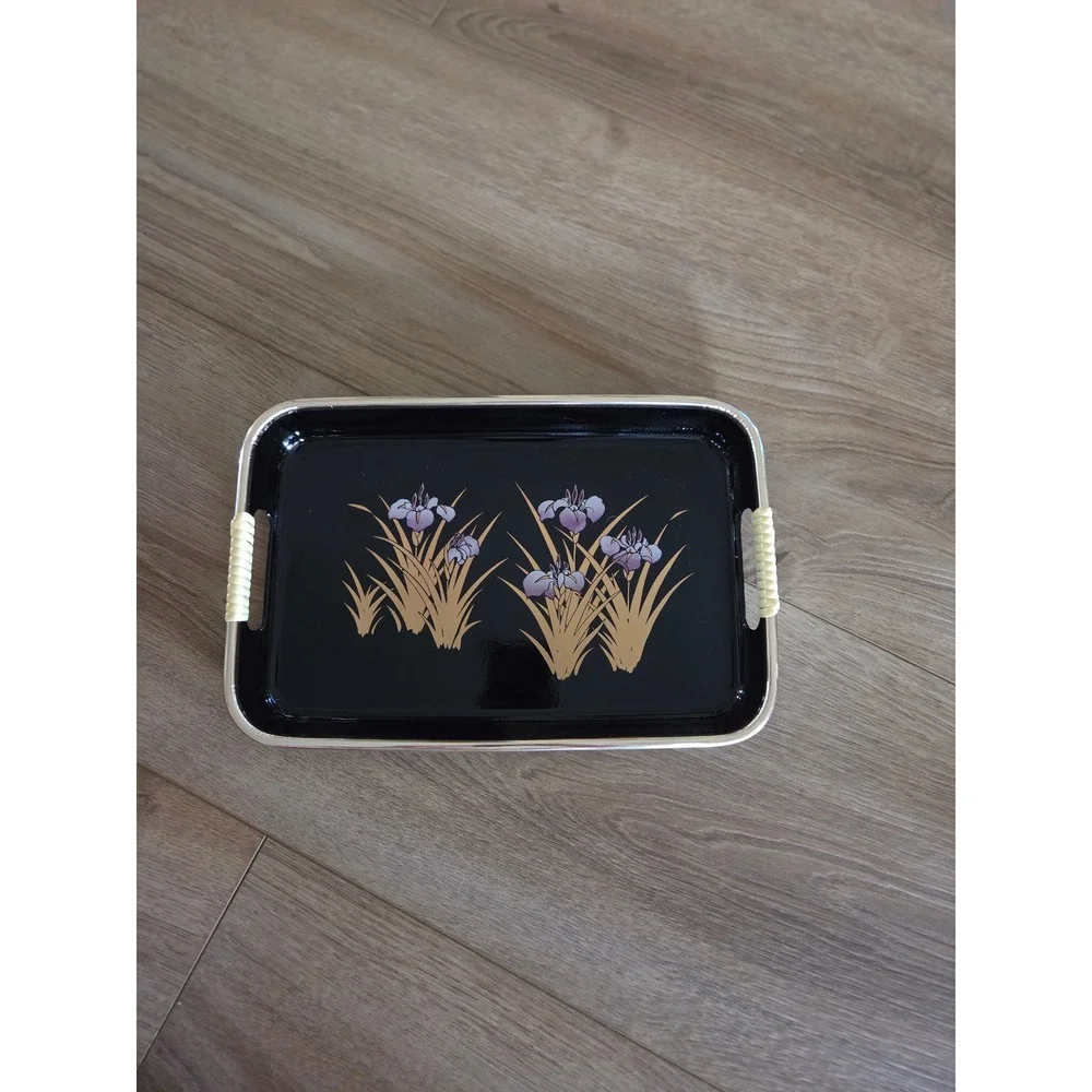 Vintage Japanese Lacquerware Tray Set Black Gold Purple Iris Floral 2 Pieces